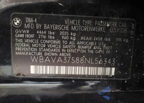 2008 BMW 328 I из США, поврежденный, VIN WBAVA37588NL56343